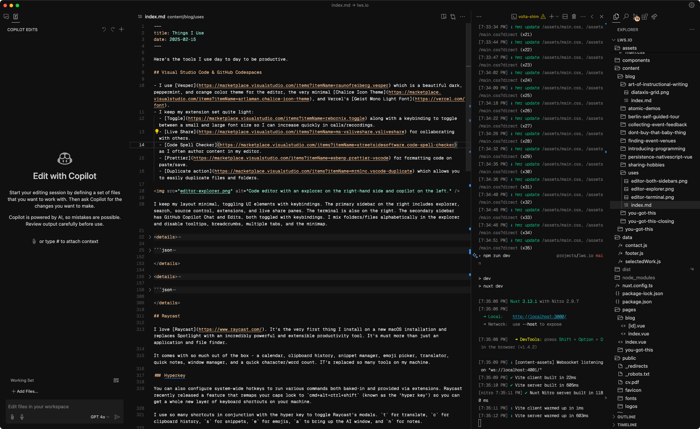 Code editor with a terminal explorer on the right-hand side and copilot on the left.