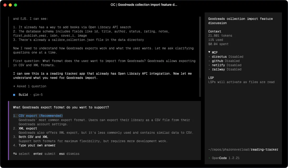 A screenshot of the OpenCode AI coding assistant analyzing a "reading-tracker" project. The interface shows the agent's progress and an interactive prompt asking the user to select between CSV or XML formats for a new Goodreads import feature.