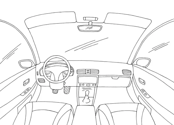 A line drawing of the inside of the car from the viewpoint of a driver.