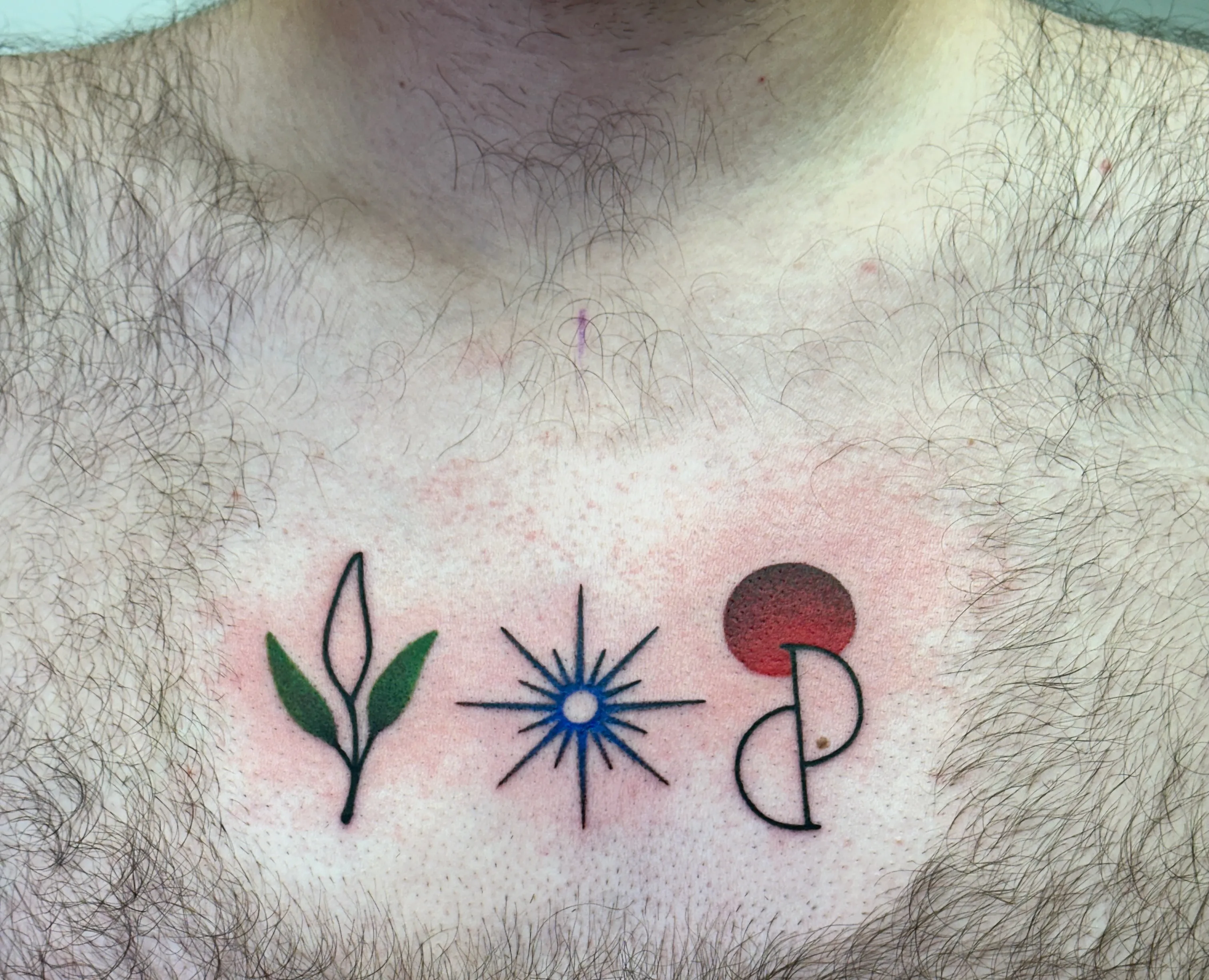 A small, minimalist tattoo on a person's chest featuring three simple symbols in a row: a green plant stem with leaves on the left, a blue starburst or sun design in the center, and a stylized red OptInk symbol. The tattoo area appears slightly reddened, suggesting it may be recently completed. The design is positioned centrally on the upper chest between areas of chest hair, with the symbols rendered in a clean, simple line art style with minimal color.