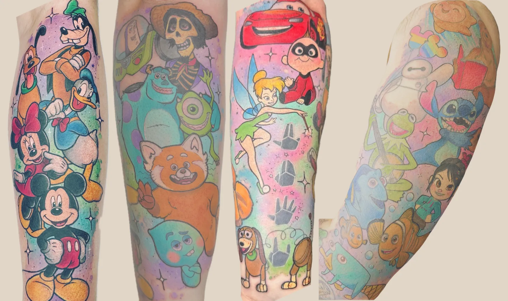 A vibrant, multi-panel display of a full-sleeve tattoo featuring a collage of iconic Disney, Pixar, and Muppets characters. The artwork is rendered in a bright, illustrative style with soft, galaxy-like watercolor backgrounds in shades of purple, blue, and pink, accented by small white stars and sparkles.