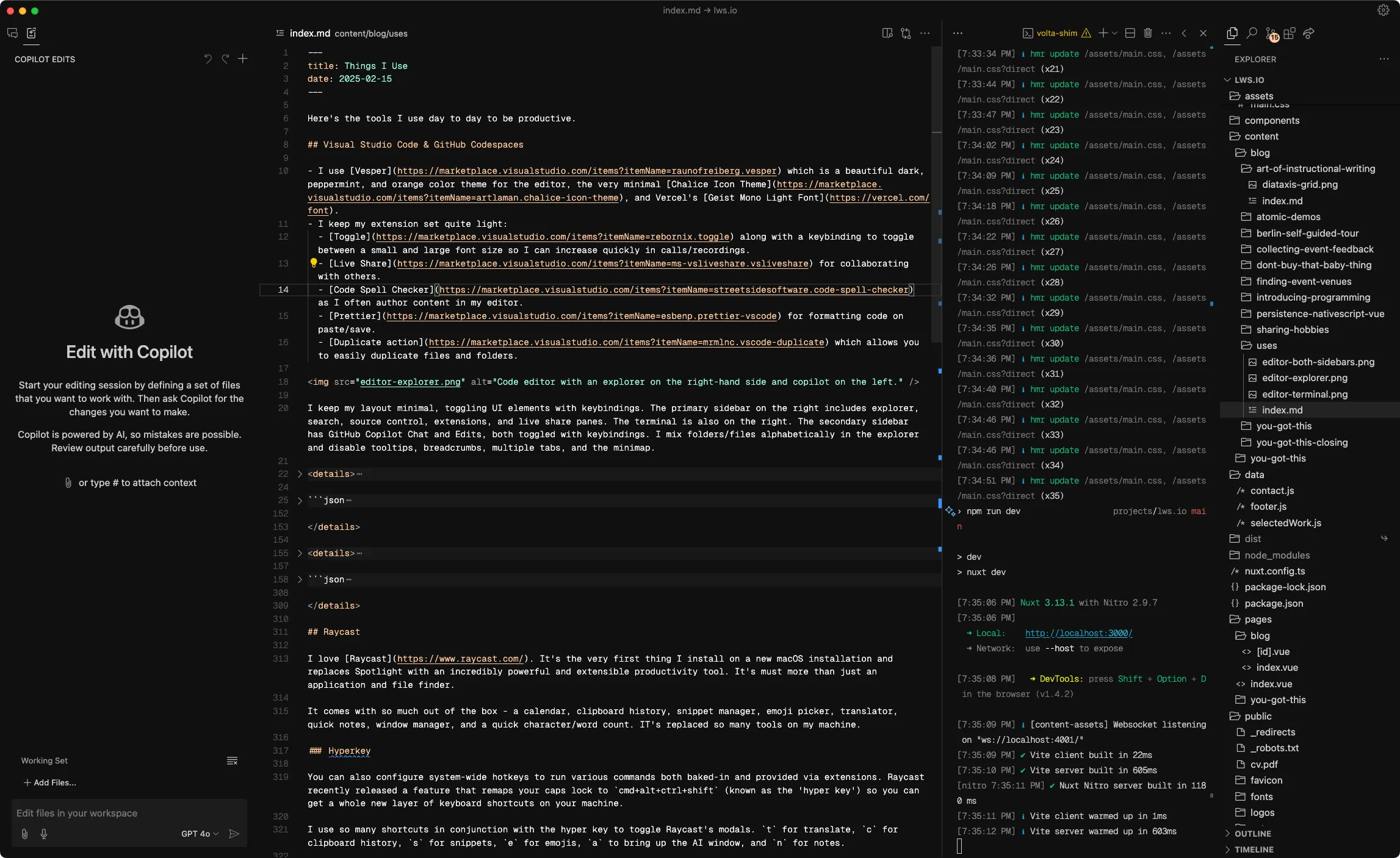 Code editor with a terminal explorer on the right-hand side and Copilot on the left.