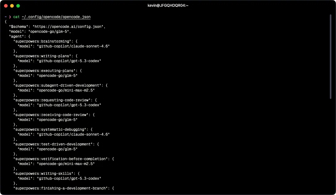 A terminal screenshot showing the contents of an opencode.json configuration file. The JSON structure maps specific AI "superpowers" to different LLM models, such as using claude-sonnet-4.6 for brainstorming and debugging, gpt-5.3-codex for writing plans and code reviews, and glm-5 for executing plans and test-driven development.