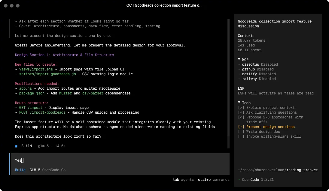 A screenshot of the OpenCode interface focusing on a "Todo" sidebar for a Goodreads import feature. The list shows completed tasks like "Explore project context" and "Ask clarifying questions," with the current step, "Present design sections," marked as in-progress. Upcoming tasks include "Write design doc" and "Invoke writing-plans skill."