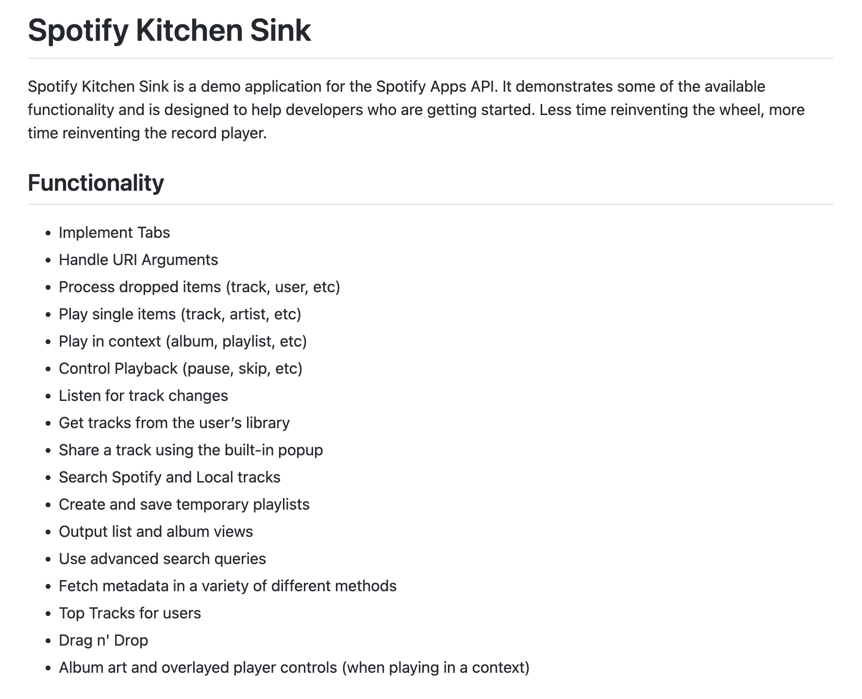 The "Spotify Kitchen Sink" demo readme on GitHub. It demonstrates 17 features as presented in a bulleted list.